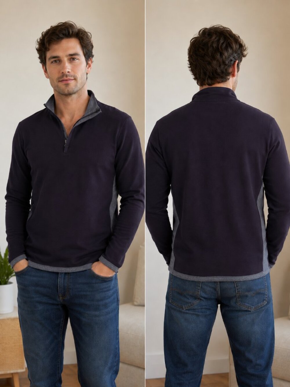 Hugo Boss Men's Reg Fit Quarter Zip Long Sleeve Polo Pull-Over Brown Gray XXL